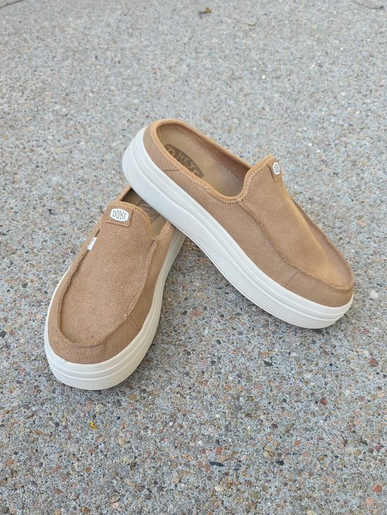 Hey Dude Shoes - Hey Dude Austin Lift Platform Classic Tan Suede Leather Mule Size 9